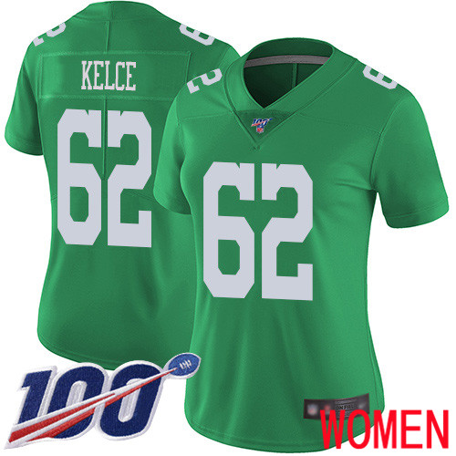 Women Philadelphia Eagles 62 Jason Kelce Limited Green Rush Vapor Untouchable NFL Jersey 100th Season